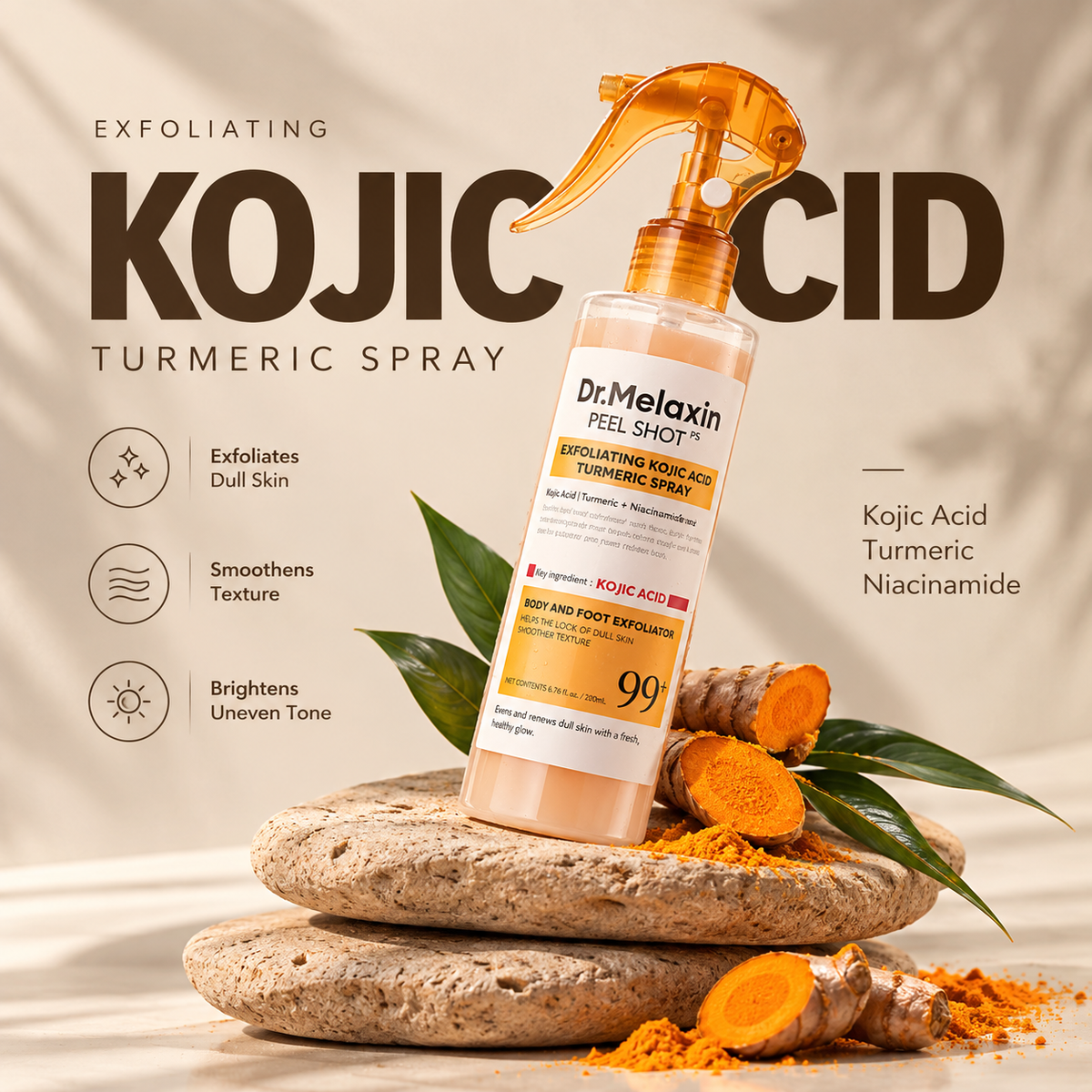 Dr.Melaxin Body Keratin Care Kojic Acid Turmeric Spray Gently Exfoliating Peeling Solution Korean Skincare All Skin Types 200ml