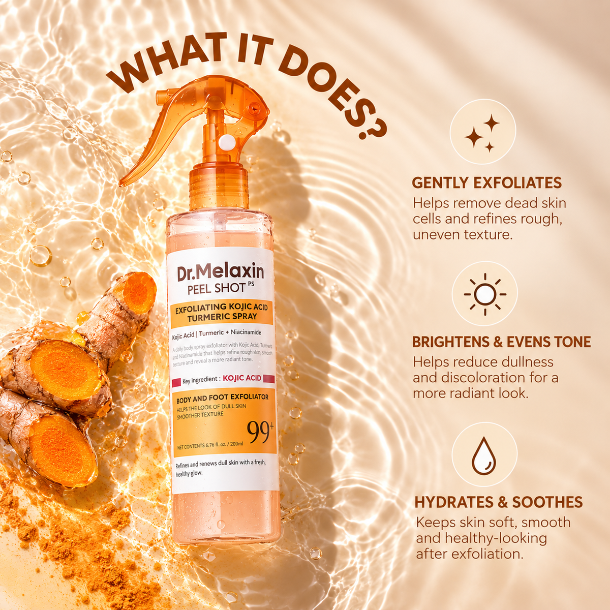 Dr.Melaxin Body Keratin Care Kojic Acid Turmeric Spray Gently Exfoliating Peeling Solution Korean Skincare All Skin Types 200ml