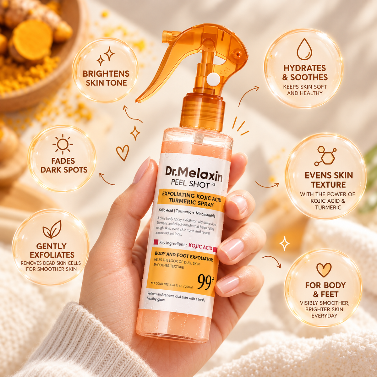 Dr.Melaxin Body Keratin Care Kojic Acid Turmeric Spray Gently Exfoliating Peeling Solution Korean Skincare All Skin Types 200ml